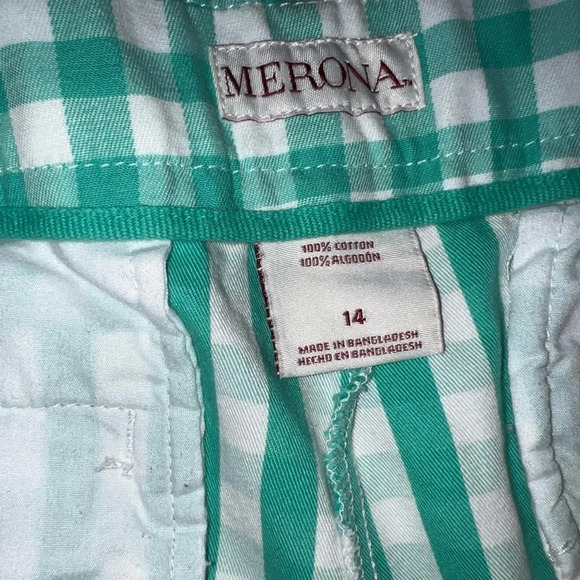 MERONA, 14, gingham, green/ white check print 4pocket, button zip shorts - Picture 3 of 5